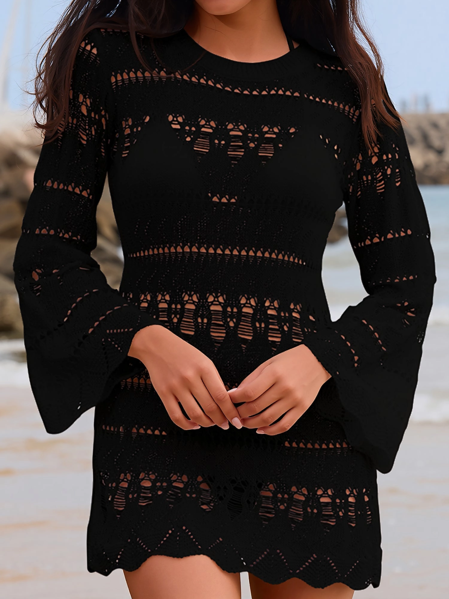 Crochet Long Sleeve Beach Dress Cover Ups