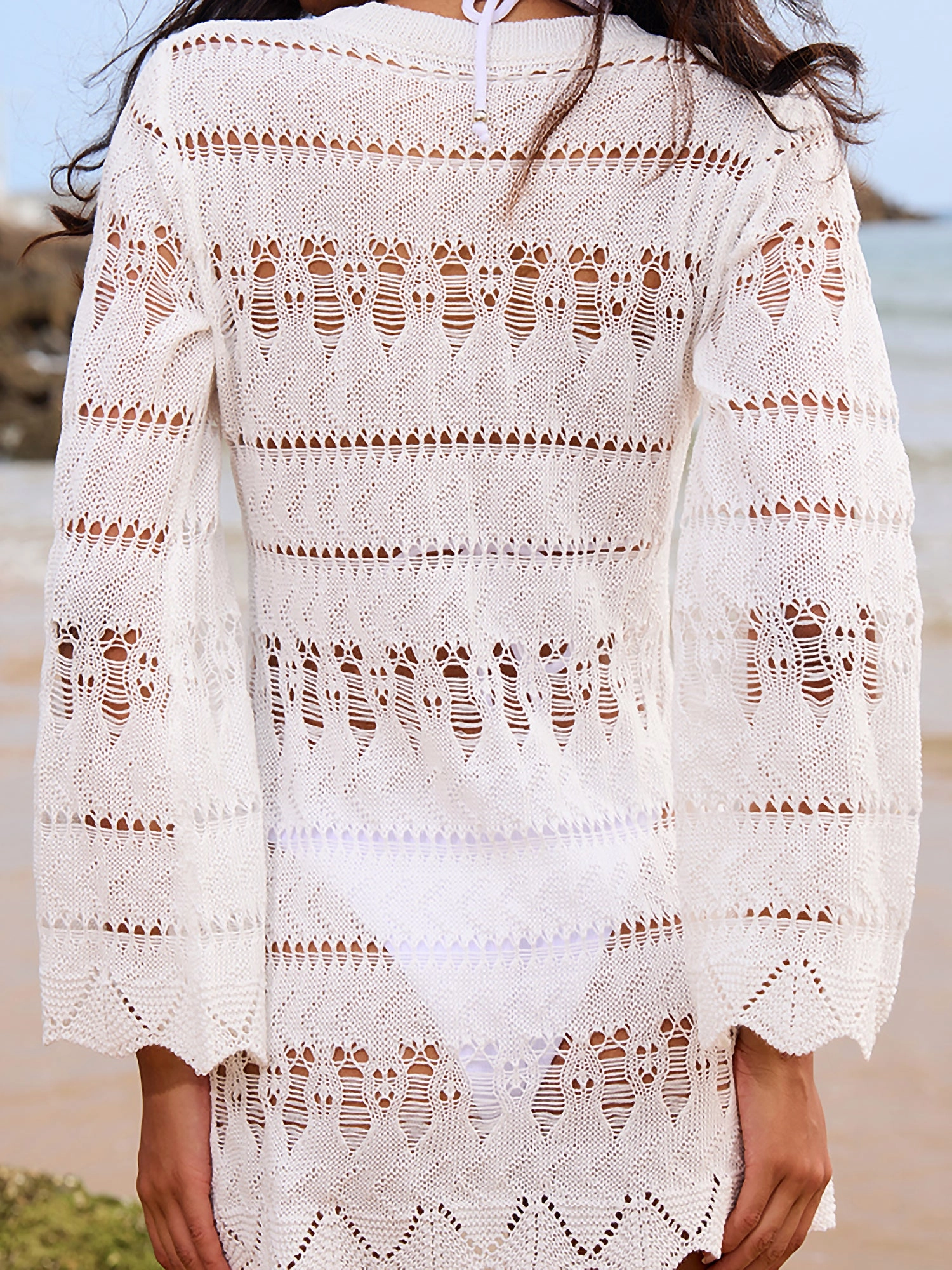 Crochet Long Sleeve Beach Dress Cover Ups