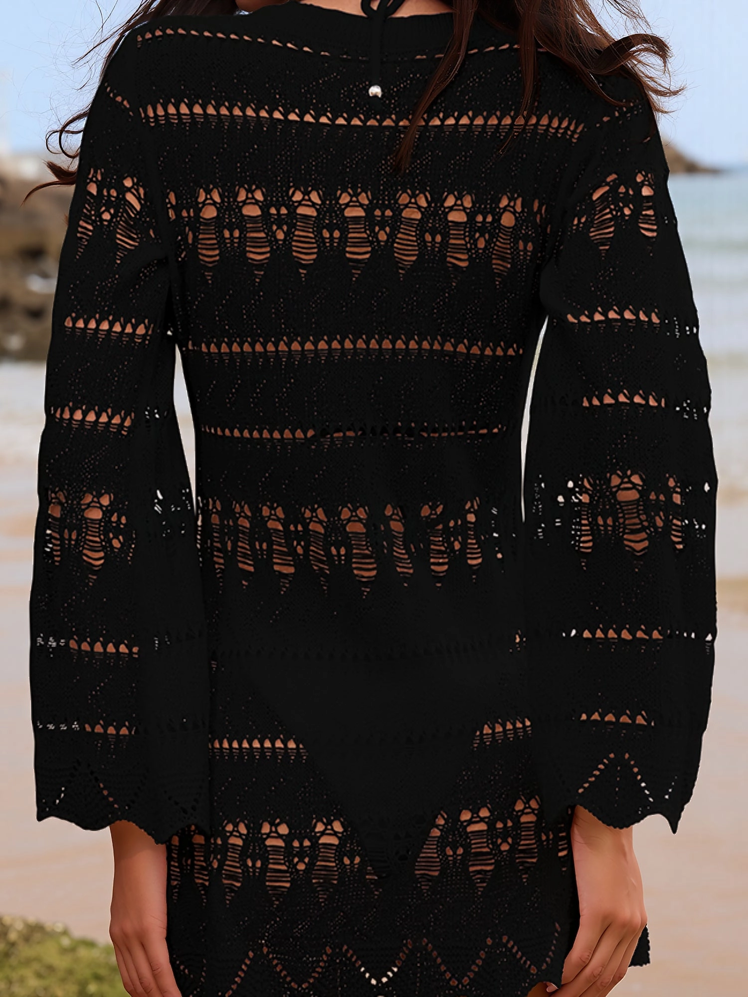 Crochet Long Sleeve Beach Dress Cover Ups