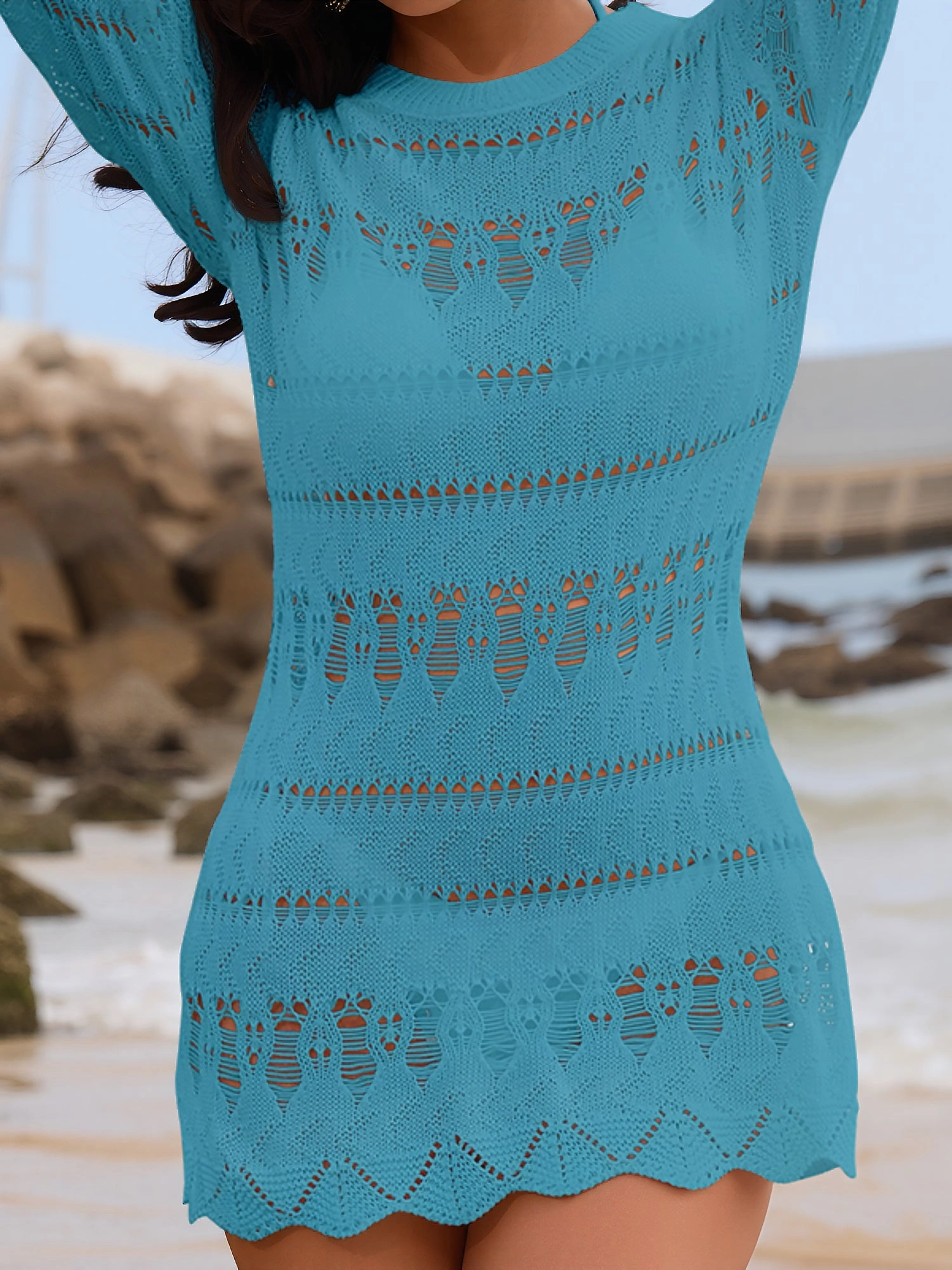 Crochet Long Sleeve Beach Dress Cover Ups