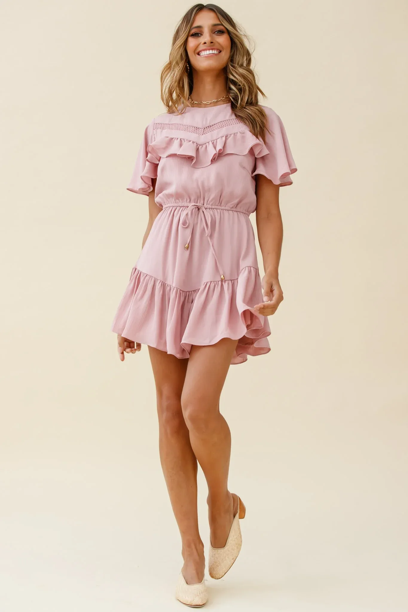 Forever Free Angel Sleeve Drawstring Waist Dress Blush
