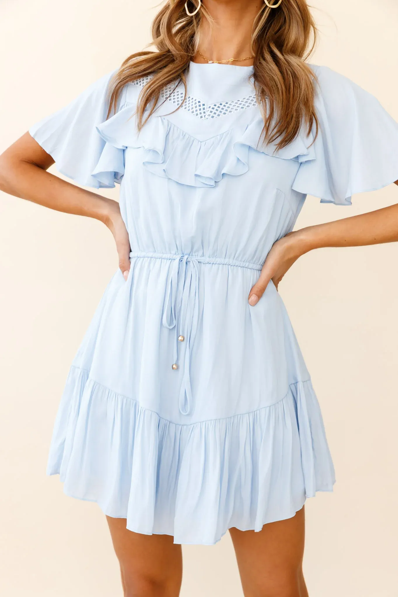 Forever Free Angel Sleeve Drawstring Waist Dress Steel Blue