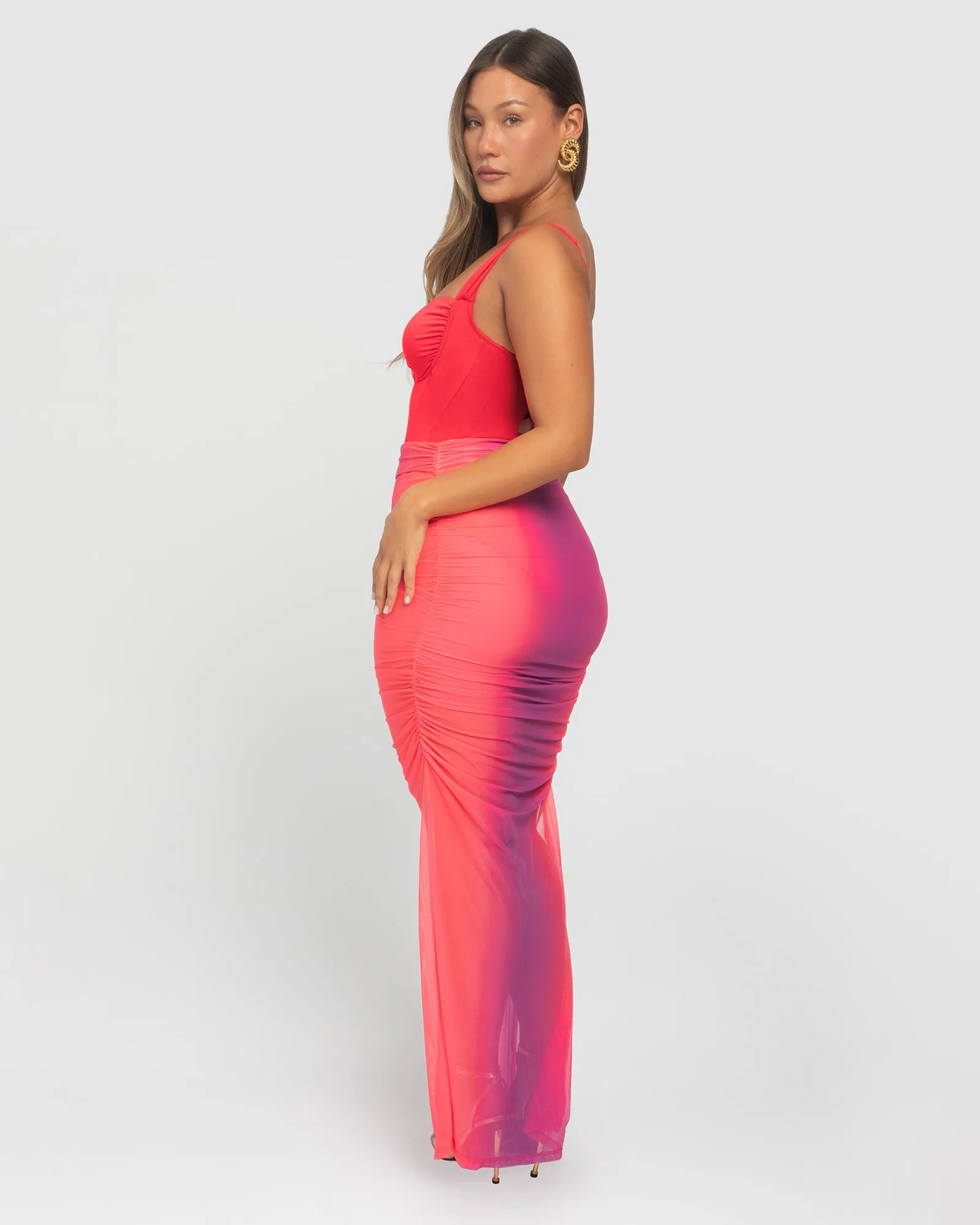 Ruched Sheer Midi Skirty - Hot Coral / Pink Ombre