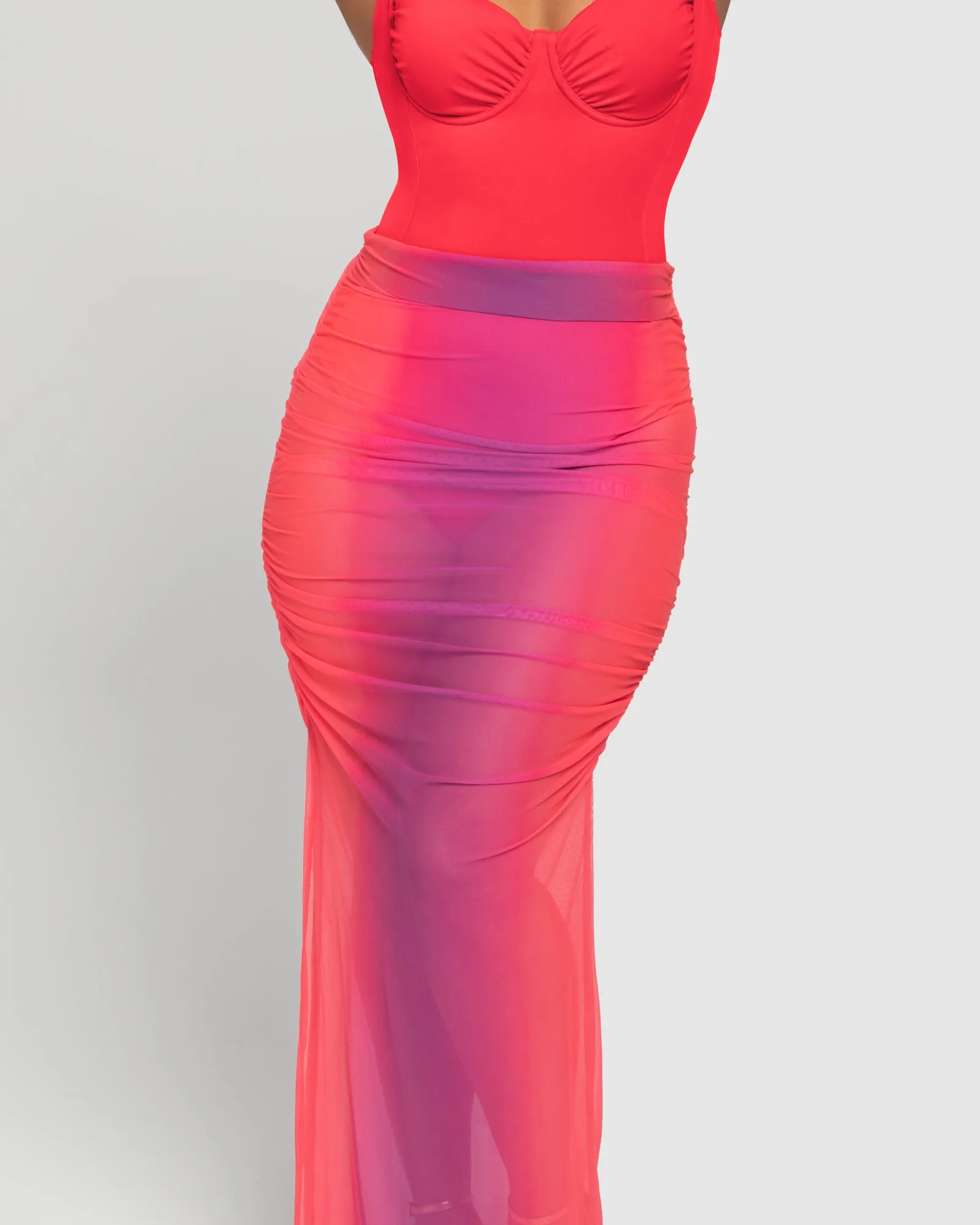 Ruched Sheer Midi Skirty - Hot Coral / Pink Ombre
