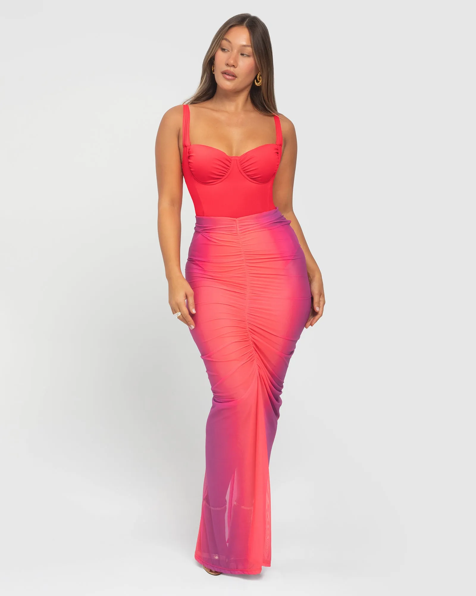 Ruched Sheer Midi Skirty - Hot Coral / Pink Ombre