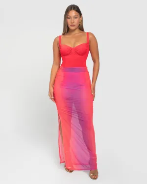 Ruched Sheer Midi Skirty - Hot Coral / Pink Ombre