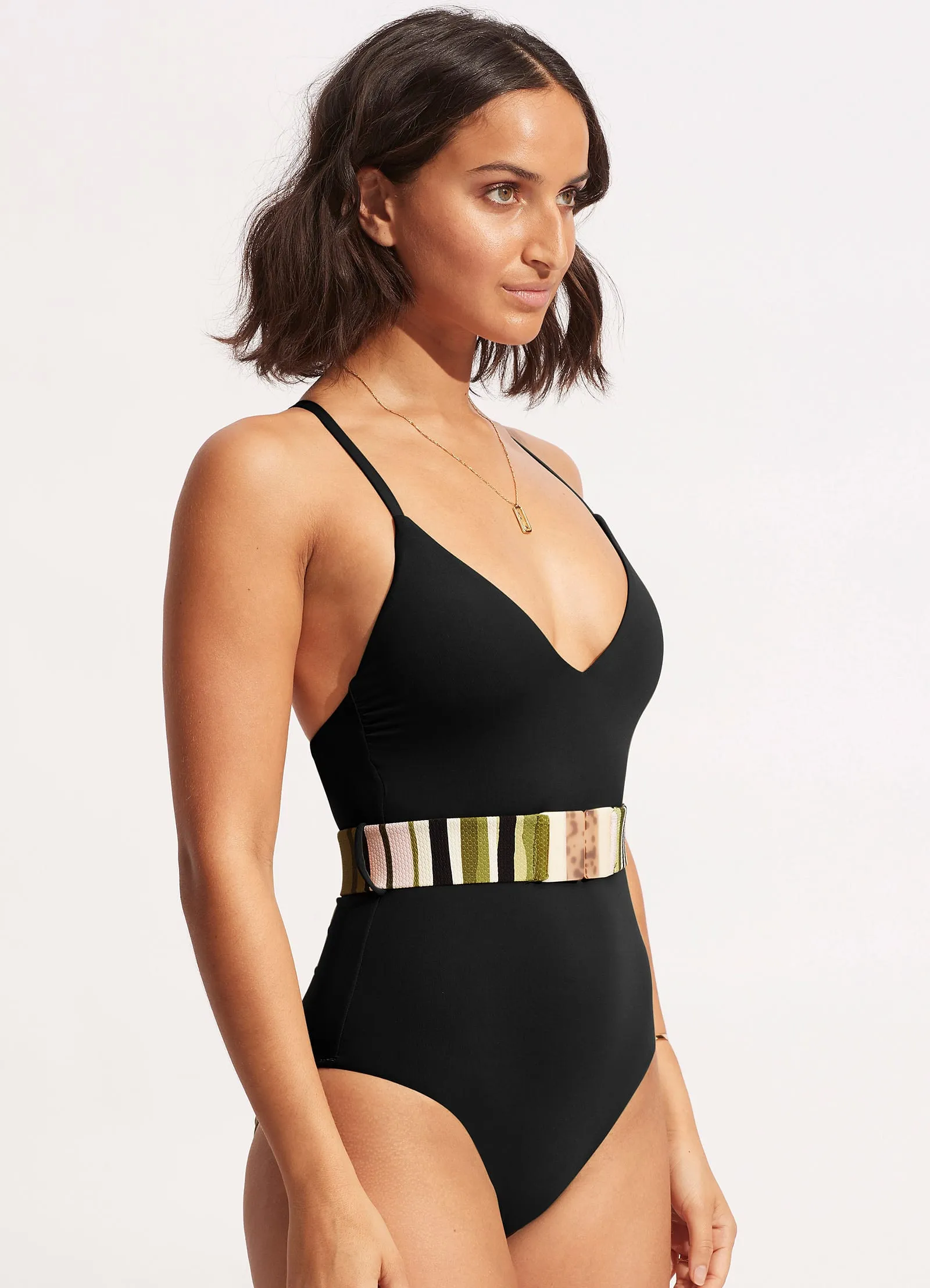 Sun Stripe One Piece With Belt - Avocado